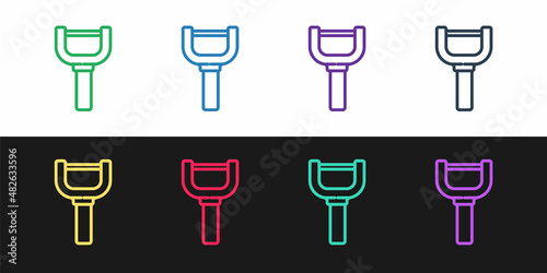 Set line Peeler icon isolated on black and white background. Knife for cleaning of vegetables. Kitchen item, appliance. Vector