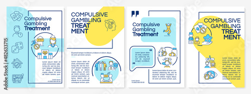 Compulsive gambling therapy blue and yellow brochure template. Booklet print design with linear icons. Vector layouts for presentation, annual reports, ads. Questrial-Regular, Lato-Regular fonts used