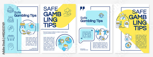 Safe gambling tips blue and yellow brochure template. Booklet print design with linear icons. Vector layouts for presentation, annual reports, ads. Questrial-Regular, Lato-Regular fonts used