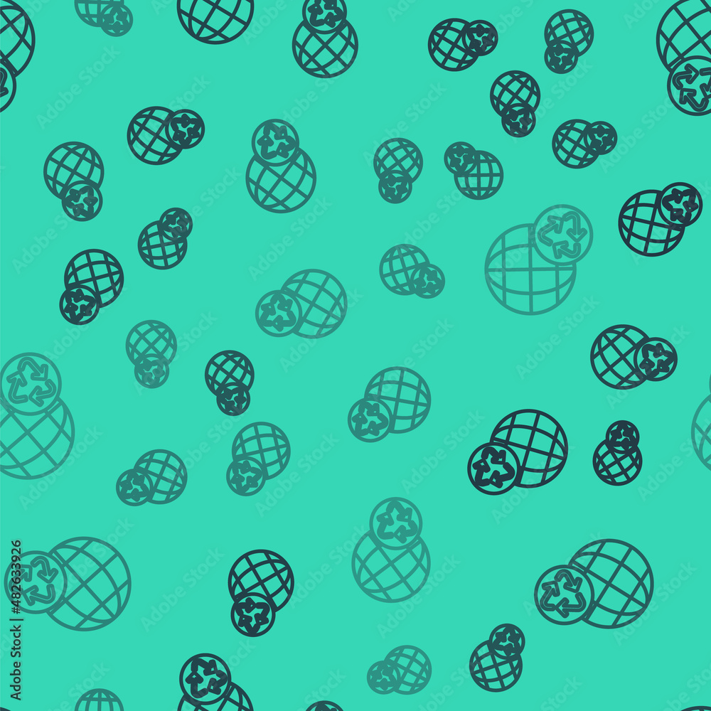 Black line Planet earth and a recycling icon isolated seamless pattern on green background. Environmental concept. Vector Black line Planet earth and a recycling icon isolated seamless pattern on green background. Environmental concept. Vector