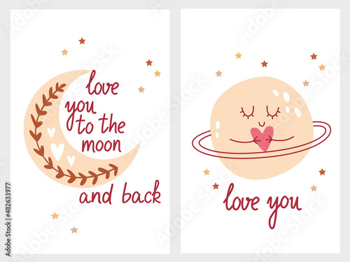 Set of 2 cute gift romantic postcards with moon and planet with lovely phrases of Valentine's Day card, invitation, poster in gentle colors