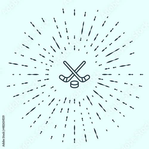 Black line Ice hockey sticks and puck icon isolated on grey background. Game start. Abstract circle random dots. Vector
