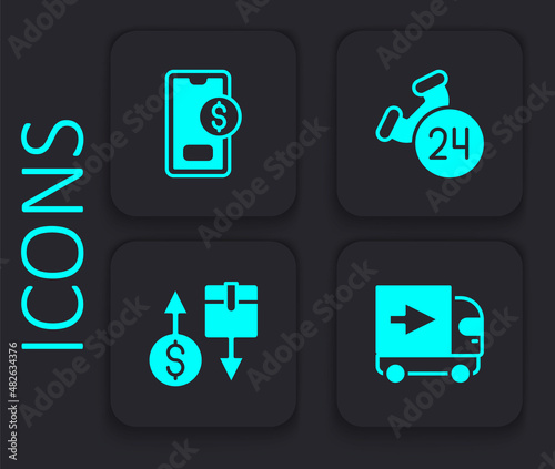 Set Delivery cargo truck, Mobile with dollar, Telephone 24 hours support and Tax cardboard box icon. Black square button. Vector