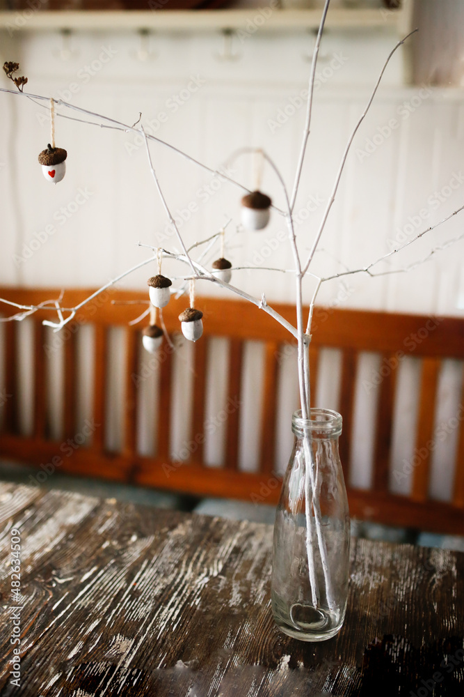 White Painted Acorns on Branches Eco-Friendly Natural Home Decor DIY Decor