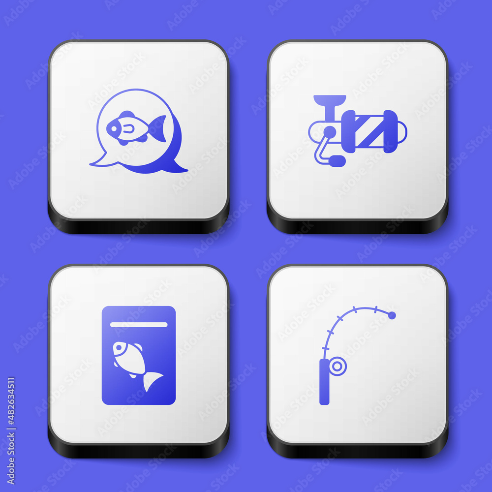 Set Fish, Spinning reel for fishing, Served on plate and Fishing rod icon. White square button. Vector Set Fish, Spinning reel for fishing, Served on plate and Fishing rod icon. White square button. Vector