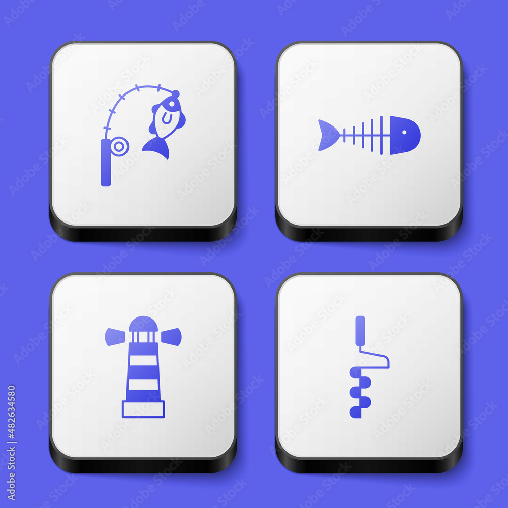 Set Fishing rod and fish, skeleton, Lighthouse and Hand ice drill icon. White square button. Vector