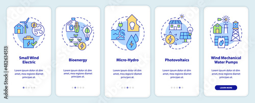 Rural electrification technology onboarding mobile app screen. Walkthrough 5 steps graphic instructions pages with linear concepts. UI, UX, GUI template. Myriad Pro-Bold, Regular fonts used