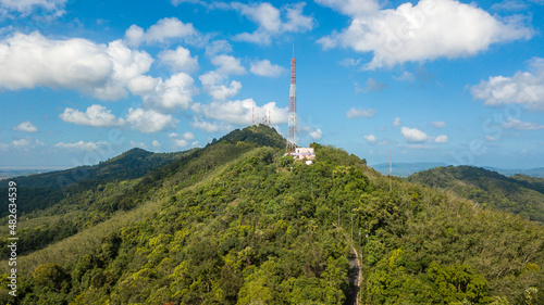 Aerial view of communication tower on the mountain