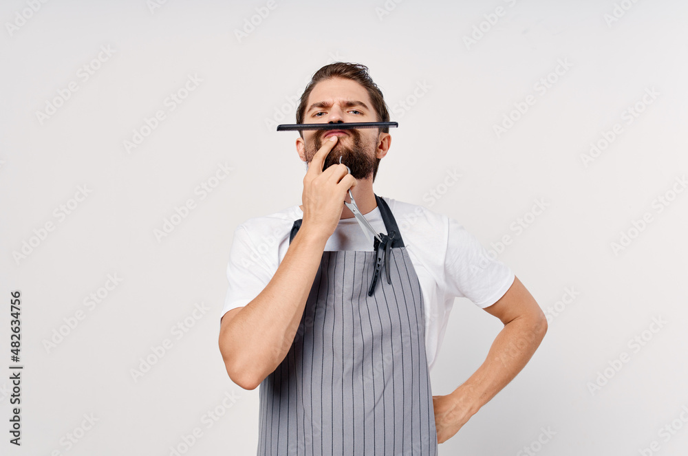 barbershop model man gray apron beard hairstyle barbershop model man gray apron beard hairstyle