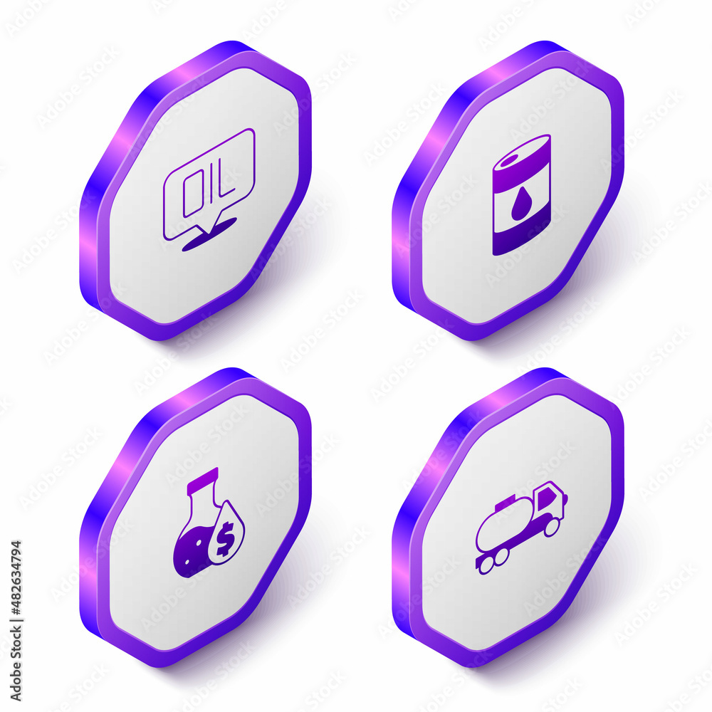 Set Isometric Word oil, Barrel, Oil petrol test tube and Tanker truck icon. Purple hexagon button. Vector