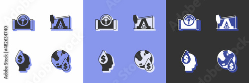 Set Oil drop with dollar symbol, pipe valve, and pump or pump jack icon. Vector