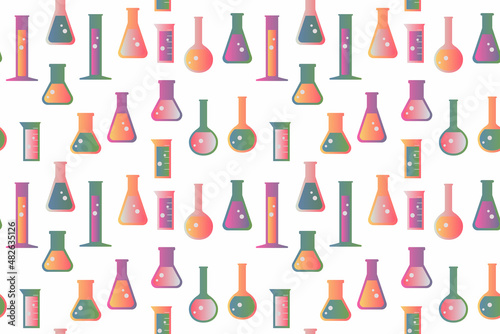 Chemical LABORATORY GLASSWARE pattern. Flasks, test tubes equipment. Abstract colourful happy VECTOR illustration. Science, chemistry lesson, lab test pattern on transparent background. 