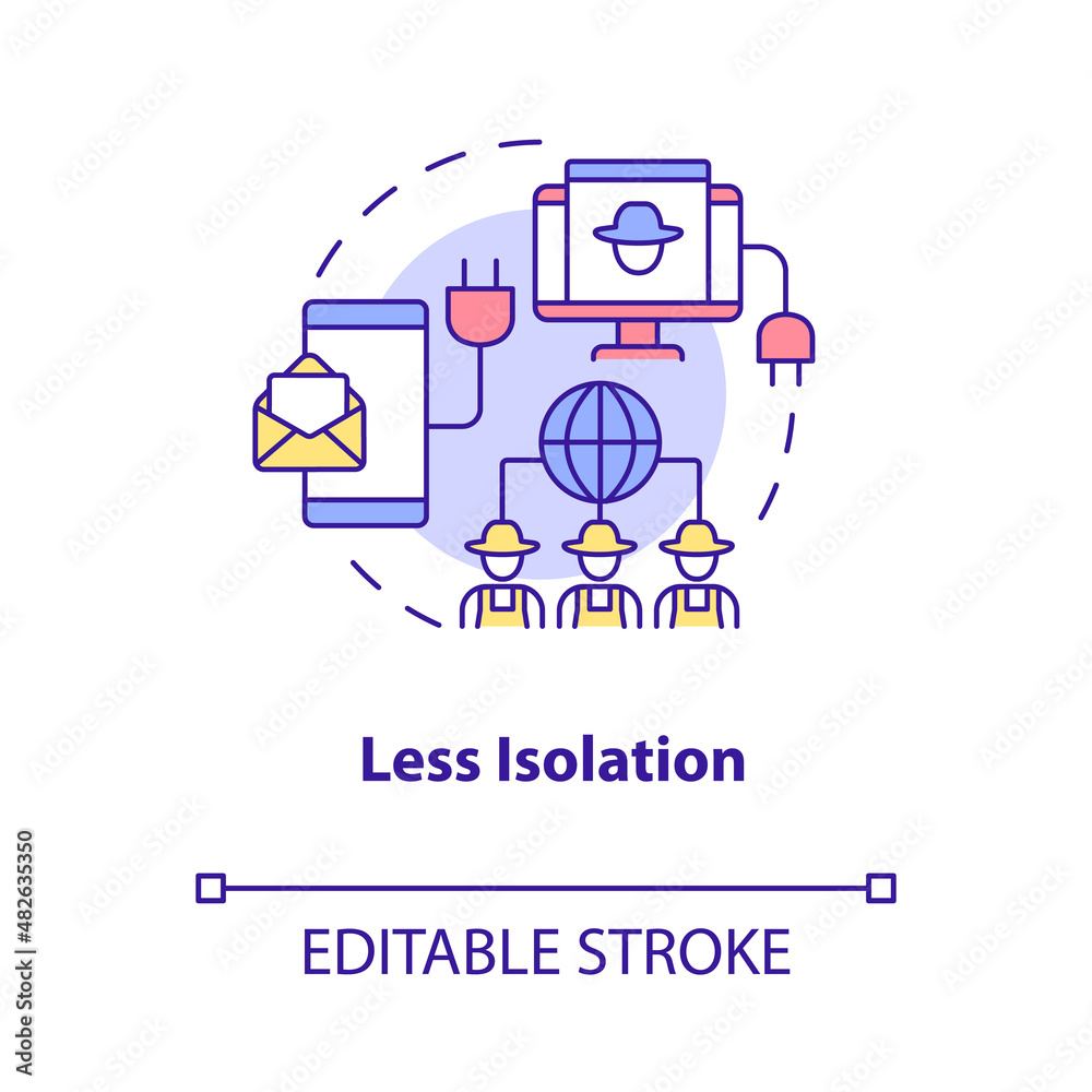 Less isolation concept icon. Rural electrification. Energy services benefits abstract idea thin line illustration. Isolated outline drawing. Editable stroke. Roboto-Medium, Myriad Pro-Bold fonts used