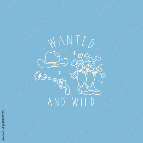 vector illustration. Line work . hand draw graphics . Wild west style illustration. Attributes of a cowboy. Hat, gun,  boots and flowers. flowers instead of bullets 