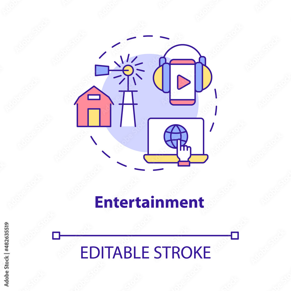 Entertainment concept icon. Rural electrification. Energy services benefits abstract idea thin line illustration. Isolated outline drawing. Editable stroke. Roboto-Medium, Myriad Pro-Bold fonts used