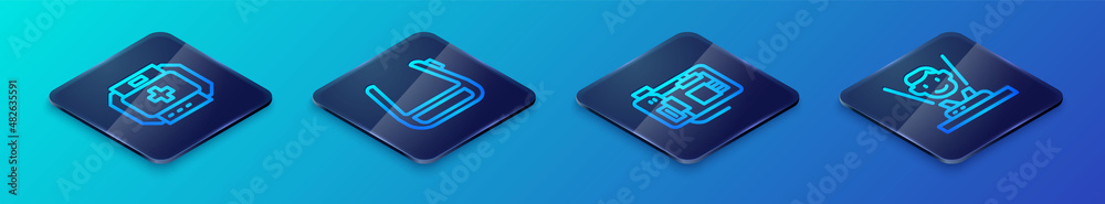 Set Isometric line Motherboard, First aid kit, Hologram and Smart glasses on spectacles icon. Vector Set Isometric line Motherboard, First aid kit, Hologram and Smart glasses on spectacles icon. Vector