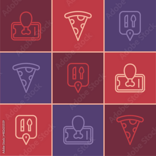 Set line Food ordering on mobile, Cafe and restaurant location and Slice of pizza icon. Vector