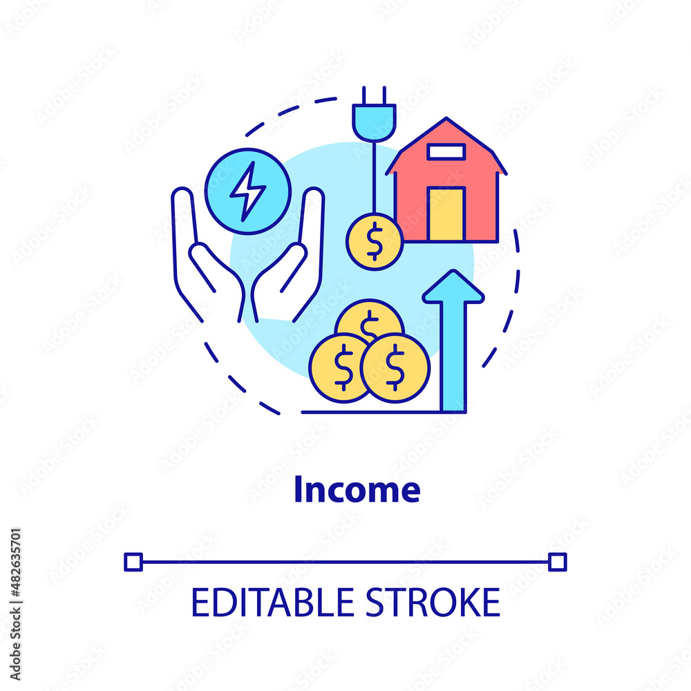 Income concept icon. Economic growth. Impact of rural electrification abstract idea thin line illustration. Isolated outline drawing. Editable stroke. Roboto-Medium, Myriad Pro-Bold fonts used
