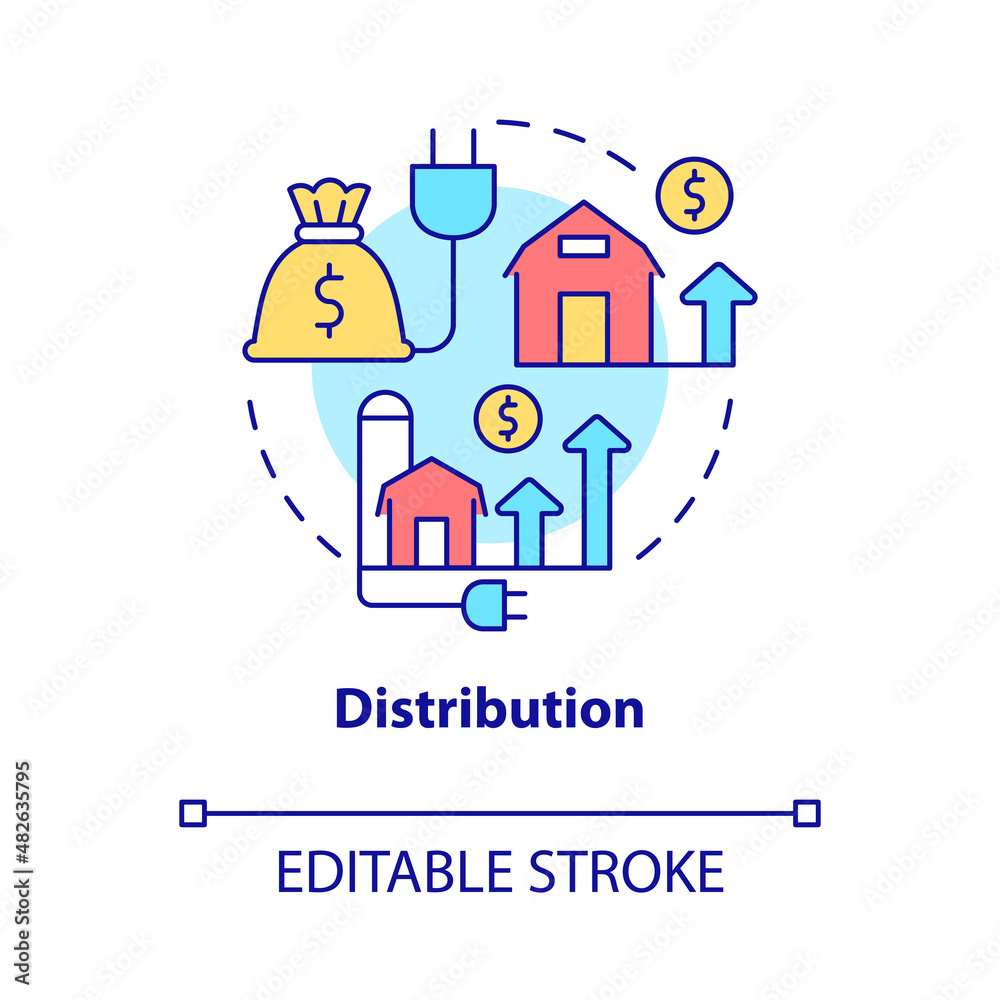 Distribution concept icon. Impact of rural electrification abstract idea thin line illustration. Isolated outline drawing. Editable stroke. Roboto-Medium, Myriad Pro-Bold fonts used