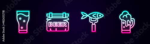 Set line Glass of beer, Street signboard with Beer, Dried fish and . Glowing neon icon. Vector
