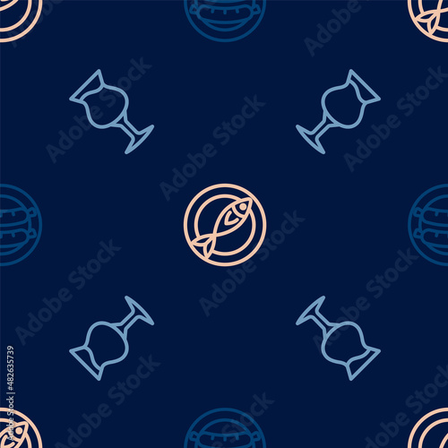 Set line Sausage, Glass of beer and Dried fish on seamless pattern. Vector