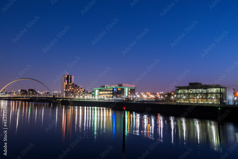 Night view over River Clyde, Glasgow Scotland.