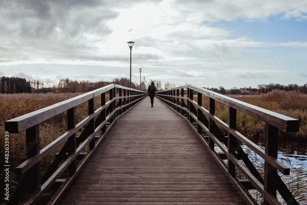 The longest wooden pedestrian bridge across Sirvena lake in Birzai, Lithuania