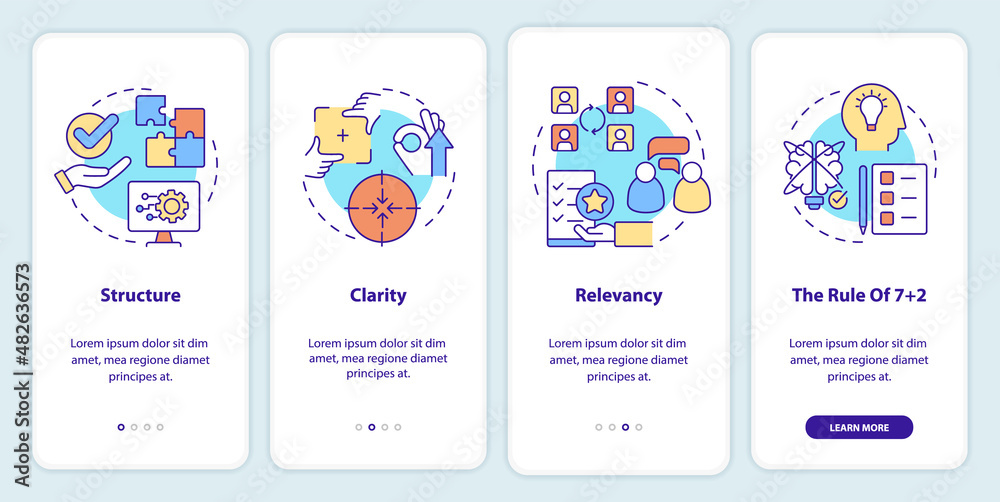 Business communication essentials onboarding mobile app screen. Relevancy walkthrough 4 steps graphic instructions pages with linear concepts. UI, UX, GUI template. Myriad Pro-Bold, Regular fonts used