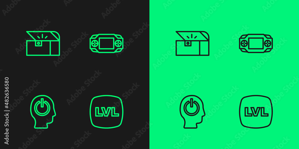Set line Level game, Power button, Chest for and Portable video console icon. Vector