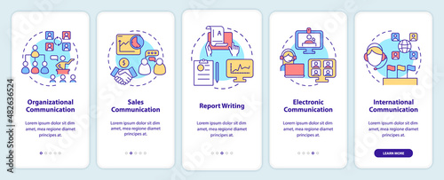 Business communication forms onboarding mobile app screen. Report writing walkthrough 5 steps graphic instructions pages with linear concepts. UI, UX, GUI template. Myriad Pro-Bold, Regular fonts used
