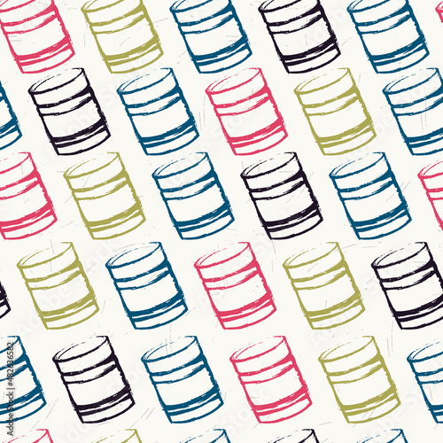 Seamless pattern with tin cans in pop art style on a light background for crafts, tote bag, home decor. Retro