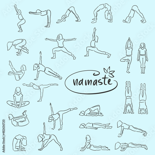 Set of line art yoga pose icons, Yoga woman silhouette illustration. Yoga poses silhouette collection. Vector illustration.