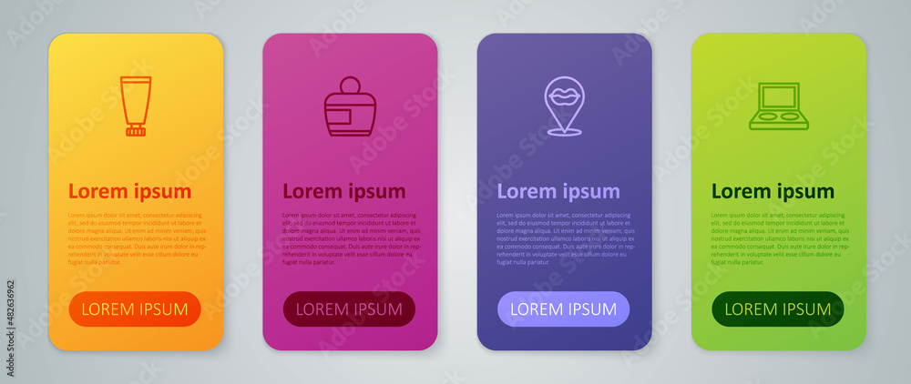 Set line Smiling lips, Eye shadow palette with brush, Cream or lotion cosmetic tube and . Business infographic template. Vector Set line Smiling lips, Eye shadow palette with brush, Cream or lotion cosmetic tube and . Business infographic template. Vector