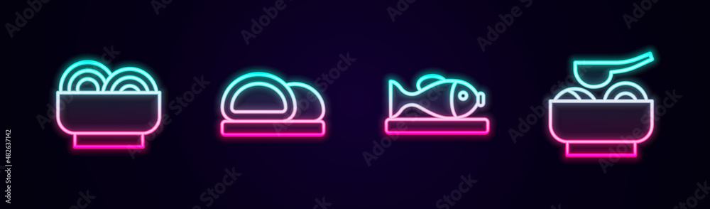 Set line Asian noodles in bowl, Sushi, Served fish on plate and Ramen soup. Glowing neon icon. Vector Set line Asian noodles in bowl, Sushi, Served fish on plate and Ramen soup. Glowing neon icon. Vector