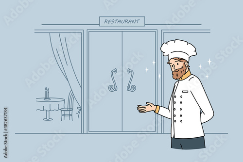 Working as chef in restaurant concept. Smiling man chef in uniform and hat standing and inviting guests to restaurant vector illustration 