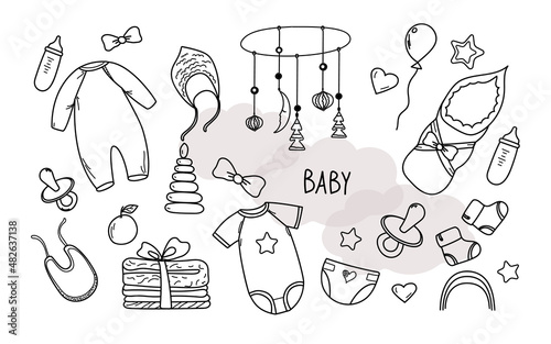 Set of hand drawn baby girl. Cartoon sketch style doodle for icon, banner. Elements little girls clothes.