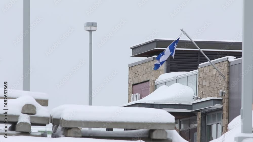 un drapeau du Québec au vent en hiver