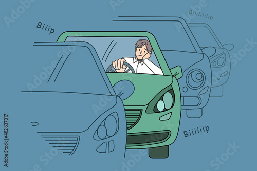 Traffic jam and road situation concept. Confused sad young man driver sitting in car in traffic jam waiting for movement feeling tired to stay in one place vector illustration 