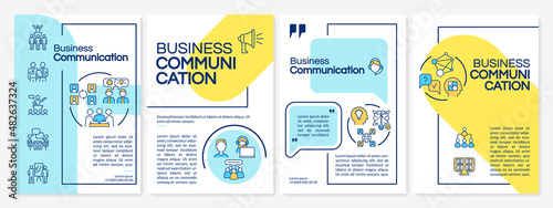 Business communication skills blue and yellow brochure template. Booklet print design with linear icons. Vector layouts for presentation, annual reports, ads. Questrial, Lato-Regular fonts used