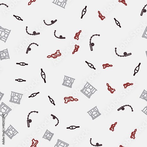 Set line Fishing float, rod, Campfire and pot and harpoon on seamless pattern. Vector