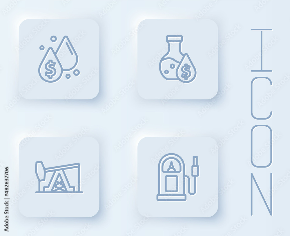 Set line Oil drop with dollar symbol, petrol test tube, pump or pump jack and Petrol gas station. White square button. Vector Set line Oil drop with dollar symbol, petrol test tube, pump or pump jack and Petrol gas station. White square button. Vector