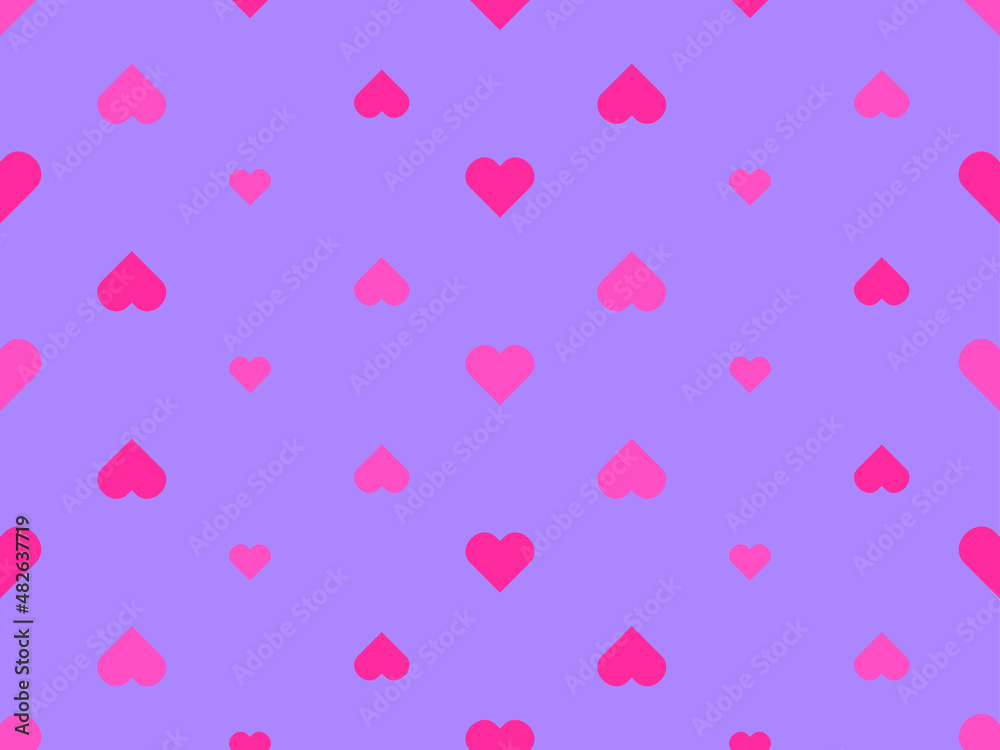 Seamless pattern with red hearts on a lilac background. Happy Valentine's Day. Background with hearts for greeting card, wrapping paper, promotional items and invitations. Vector illustration