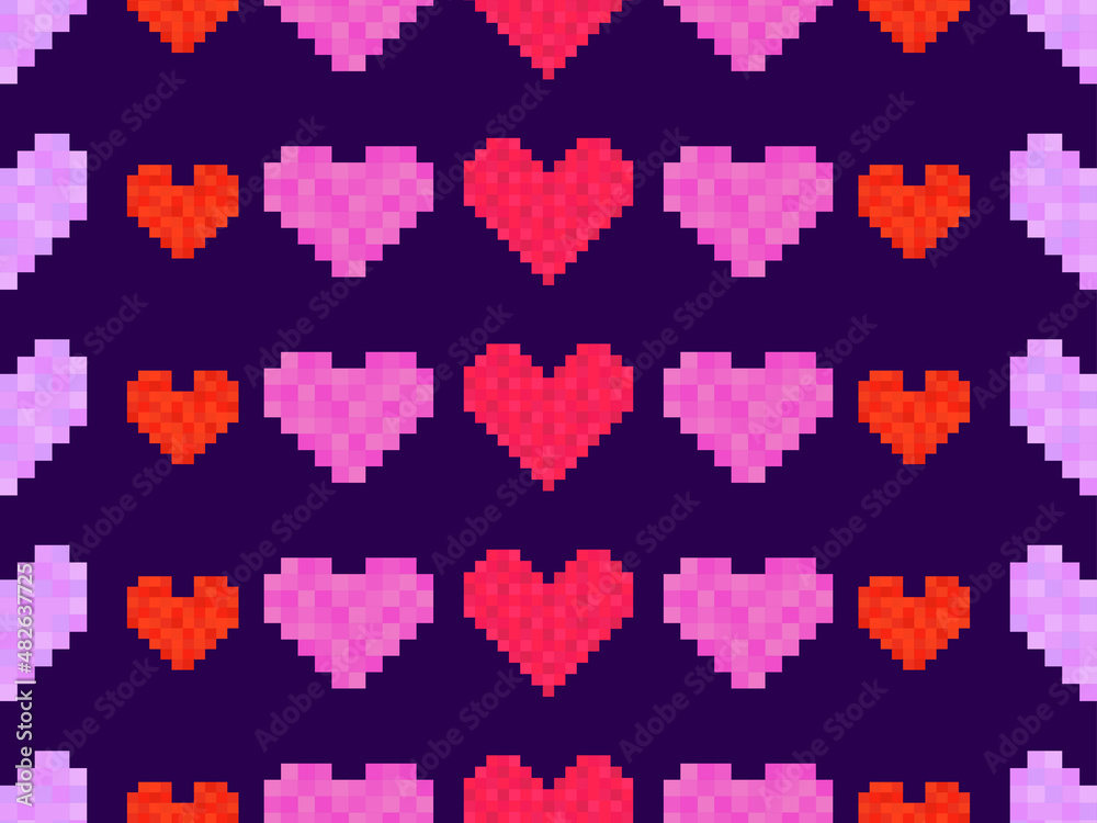 Pixel art hearts seamless pattern. Colorful 8-bit hearts. Retro 8-bit video game. Design for print, wrapping paper and advertising. Vector illustration Pixel art hearts seamless pattern. Colorful 8-bit hearts. Retro 8-bit video game. Design for print, wrapping paper and advertising. Vector illustration