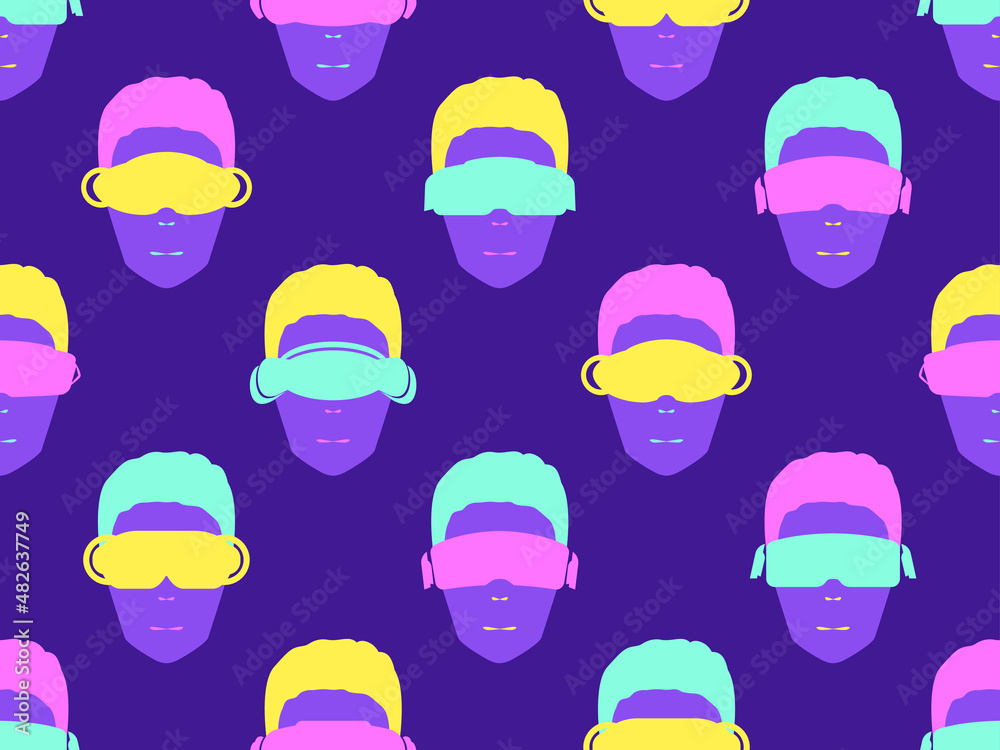 Heads in virtual reality glasses seamless pattern. Human face in VR headset in pop art style. Virtual reality glasses for access to the cyberspace of the metaverse. Vector illustration