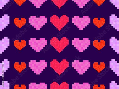 Pixel art hearts seamless pattern. Colorful 8-bit hearts. Retro 8-bit video game. Design for print, wrapping paper and advertising. Vector illustration