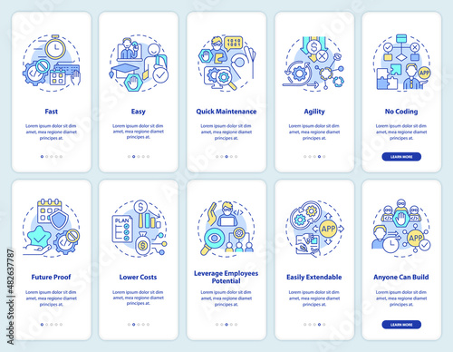 Web 3 0 onboarding mobile app screen set. Low code solution walkthrough 5 steps graphic instructions pages with linear concepts. UI, UX, GUI template. Myriad Pro-Bold, Regular fonts used