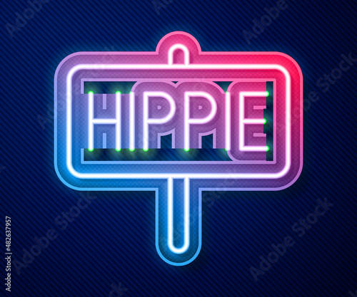 Glowing neon line Peace icon isolated on blue background. Hippie symbol of peace. Vector