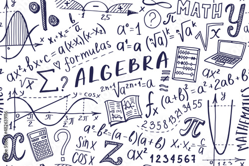 Mathematics doodle seamless pattern. Back to school hand drawn background for notebook, not pad, sketchbook. Algebra or math subject design. Education and study concept.
