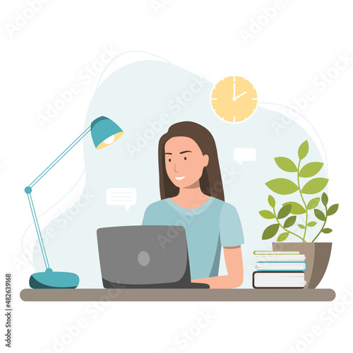 A woman works at a laptop and deciding work tasks at 2 pm. Girl thinking about ideas at the desk with lamp, plant and books. Vector illustration concept of business, IT, time and project management