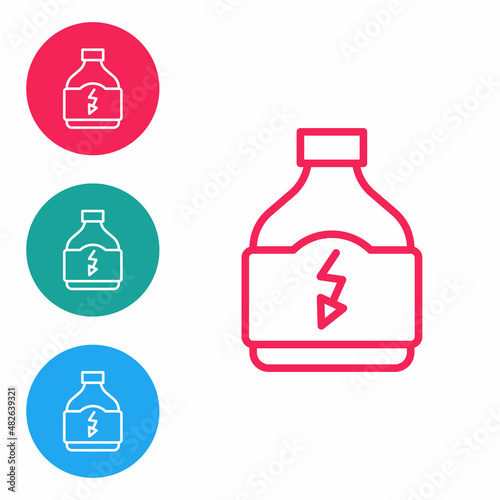 Red line Sports nutrition bodybuilding proteine power drink and food icon isolated on white background. Set icons in circle buttons. Vector